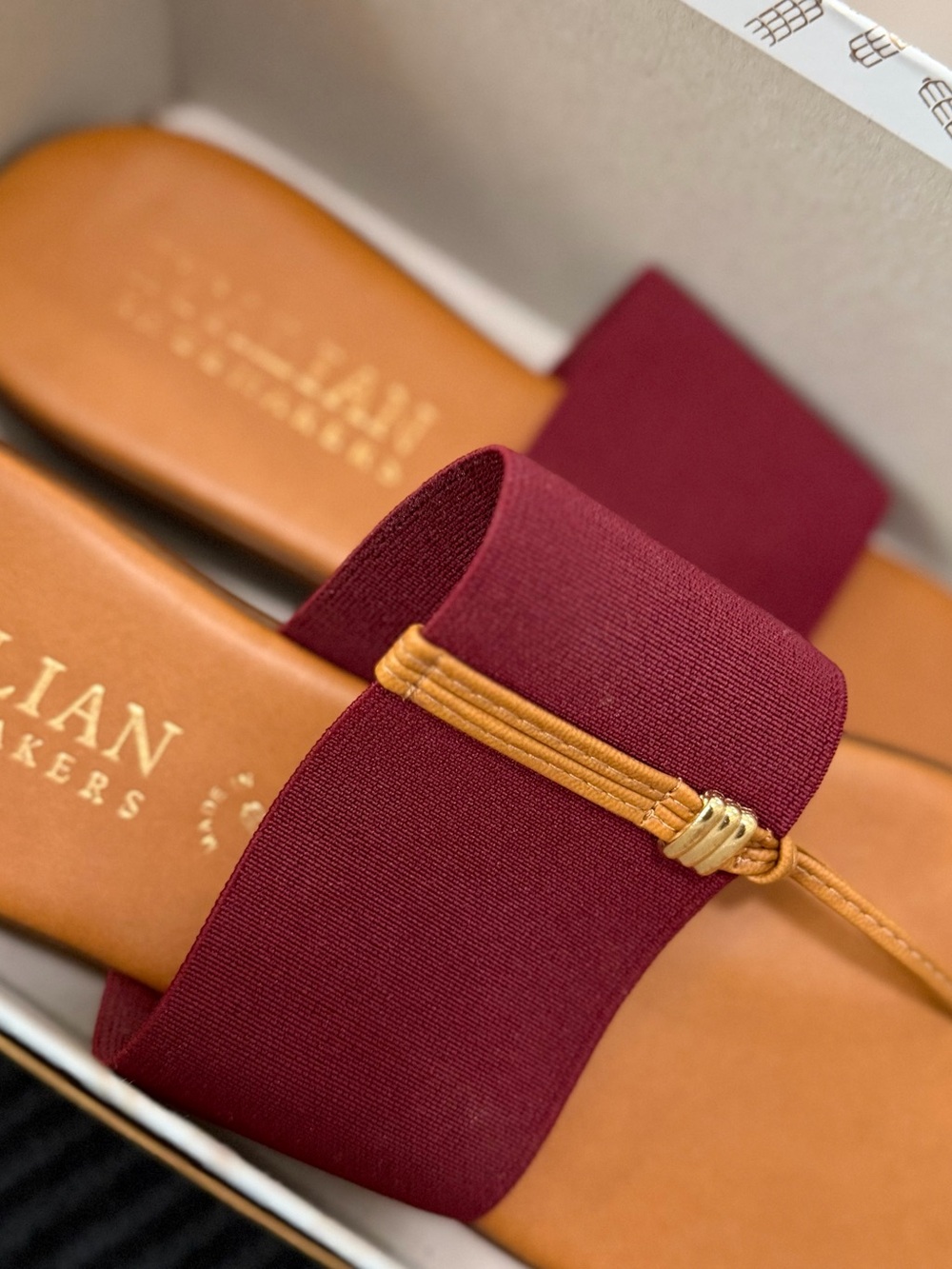 Italian Shoemakers Burgundy Slide Sandals with Tan Accent
